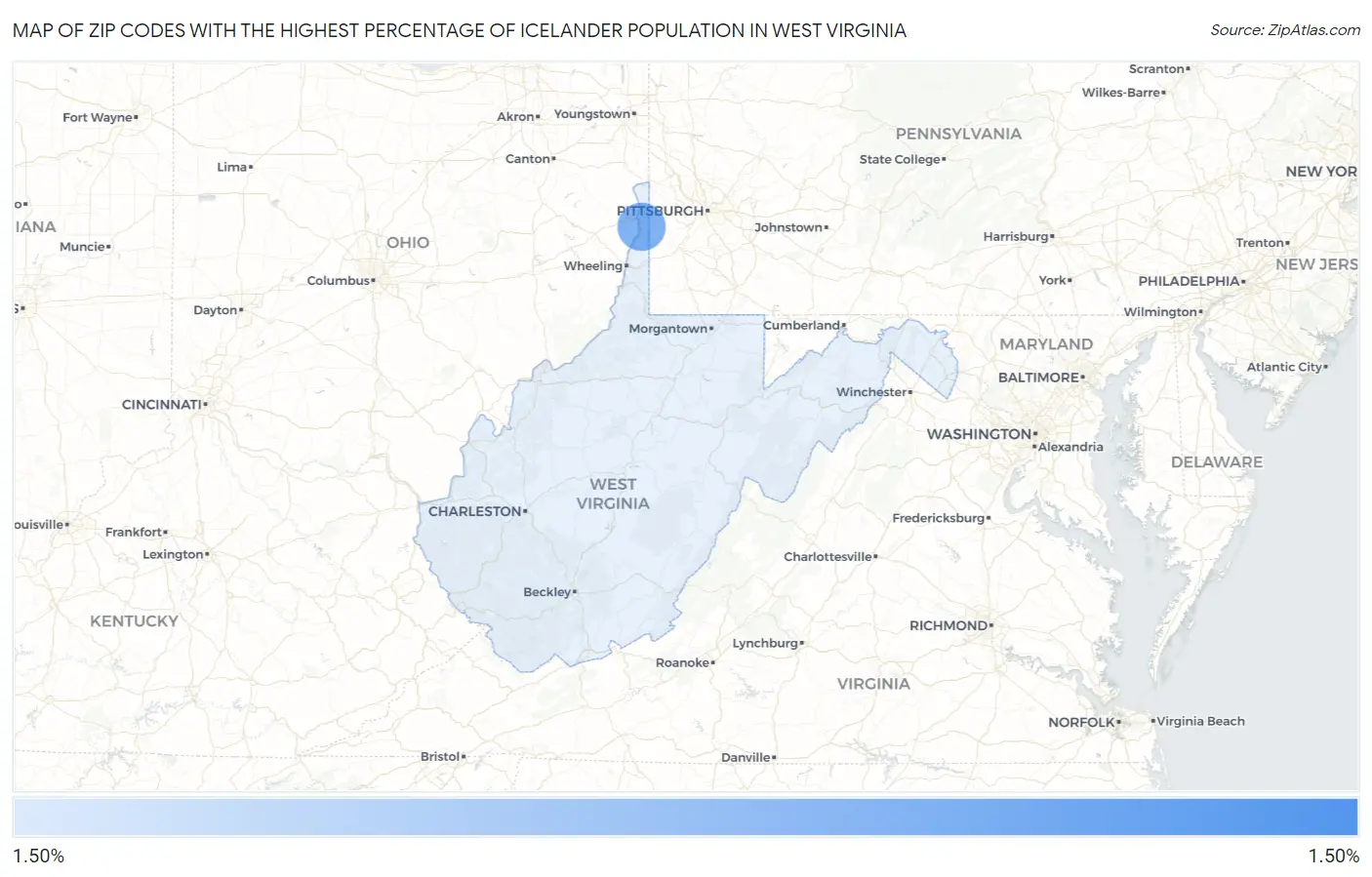 Zip Codes with the Highest Percentage of Icelander Population in West Virginia Map