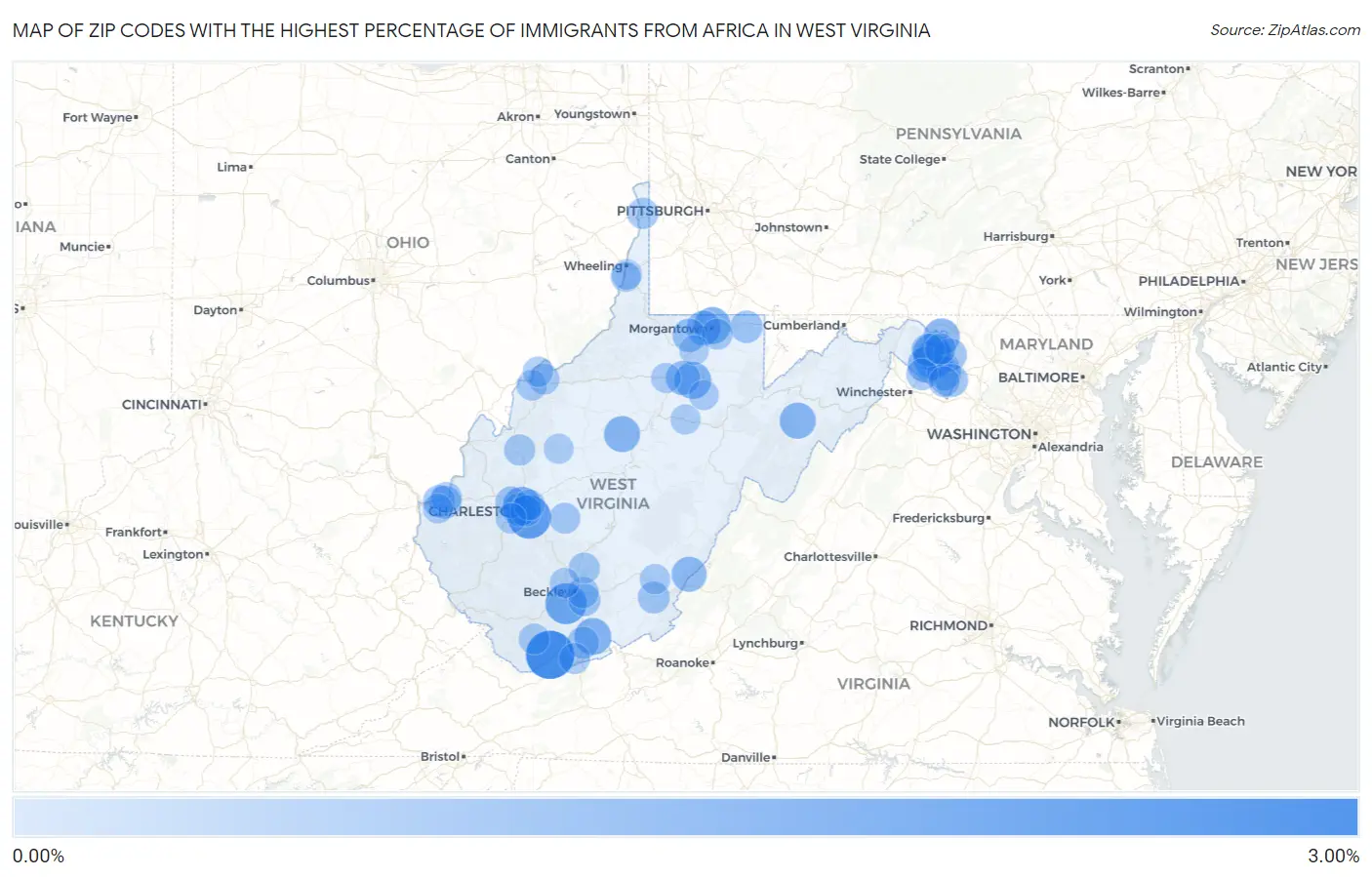 Zip Codes with the Highest Percentage of Immigrants from Africa in West Virginia Map