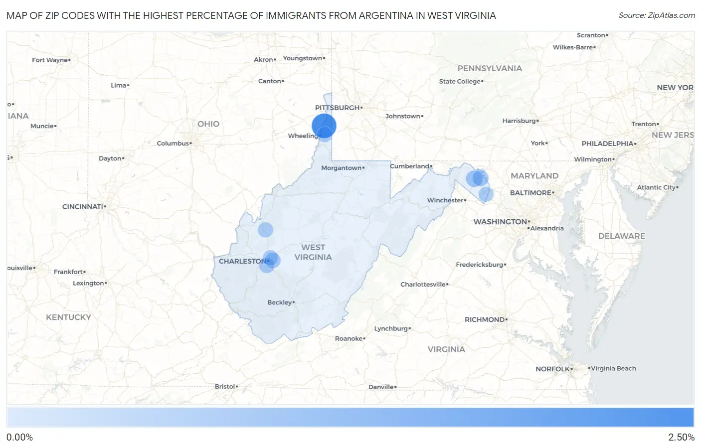 Zip Codes with the Highest Percentage of Immigrants from Argentina in West Virginia Map