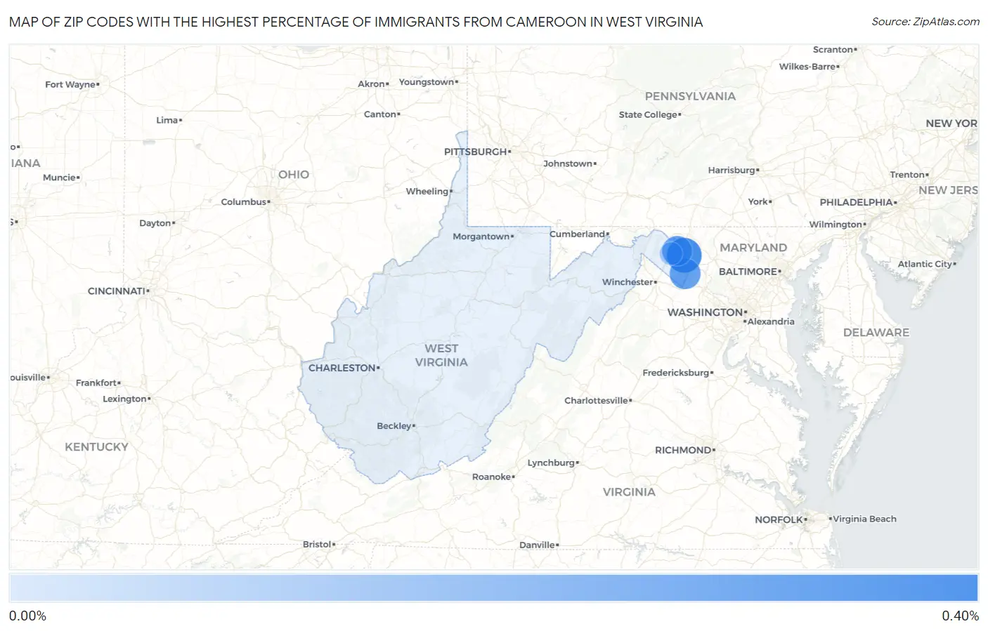 Zip Codes with the Highest Percentage of Immigrants from Cameroon in West Virginia Map