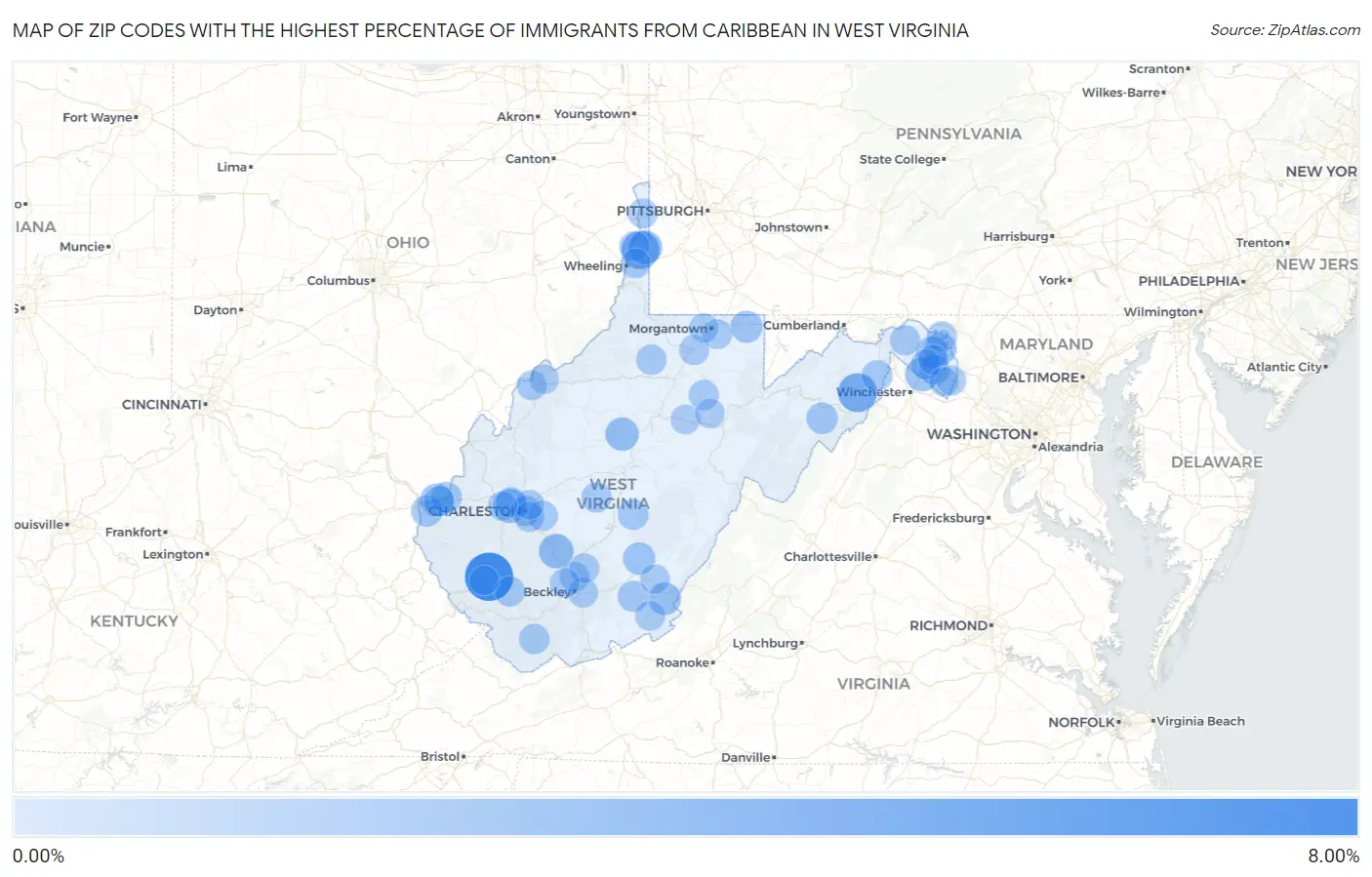 Zip Codes with the Highest Percentage of Immigrants from Caribbean in West Virginia Map