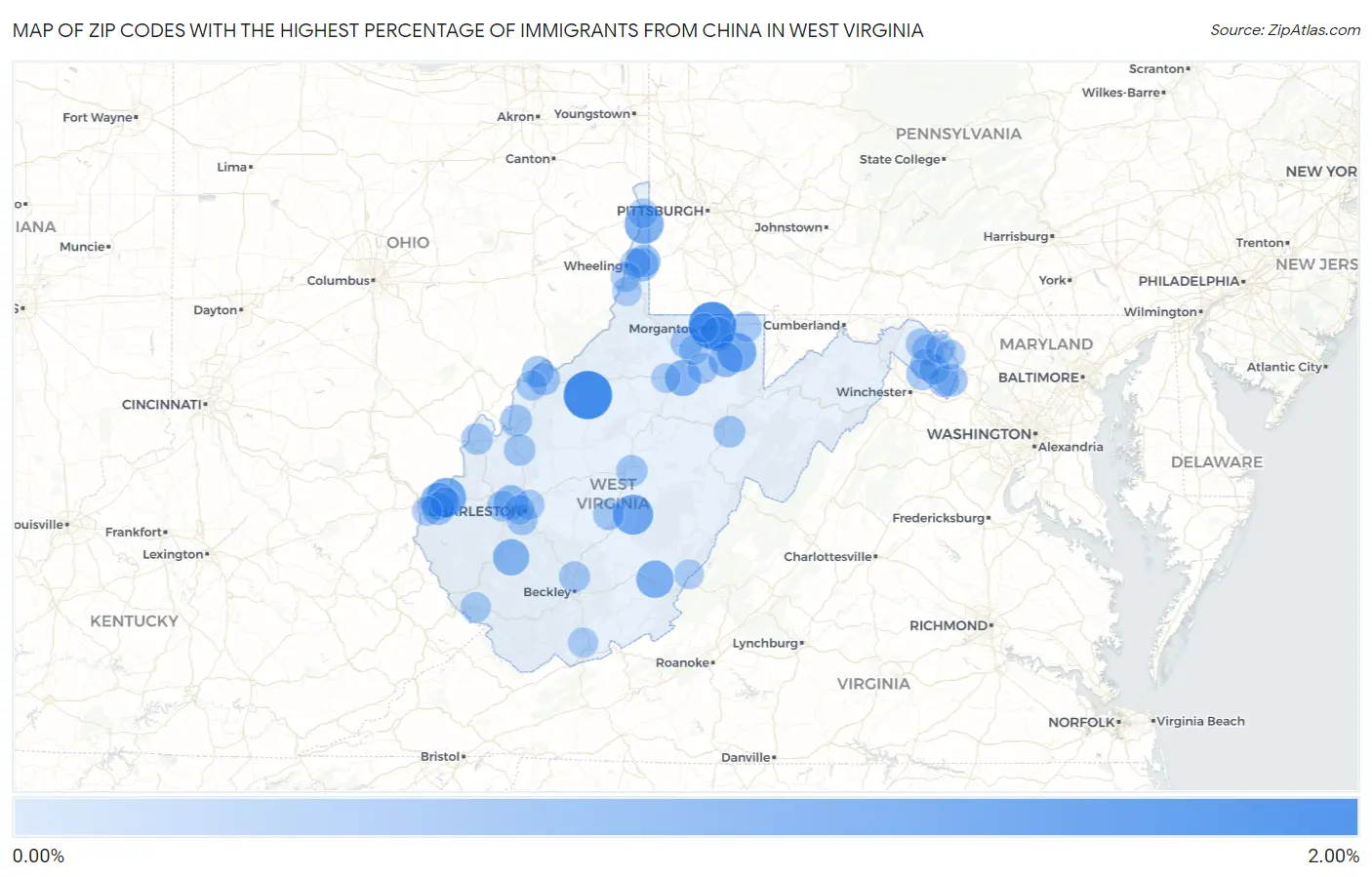 Zip Codes with the Highest Percentage of Immigrants from China in West Virginia Map