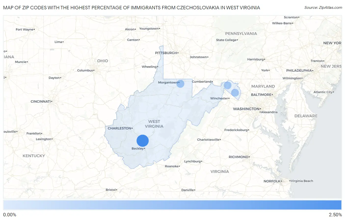 Zip Codes with the Highest Percentage of Immigrants from Czechoslovakia in West Virginia Map