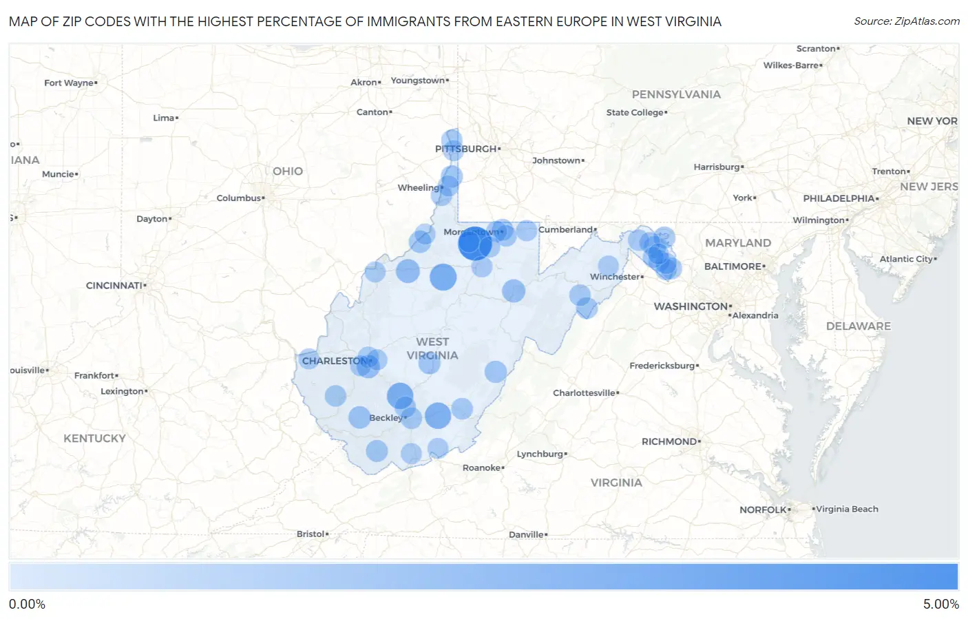 Zip Codes with the Highest Percentage of Immigrants from Eastern Europe in West Virginia Map