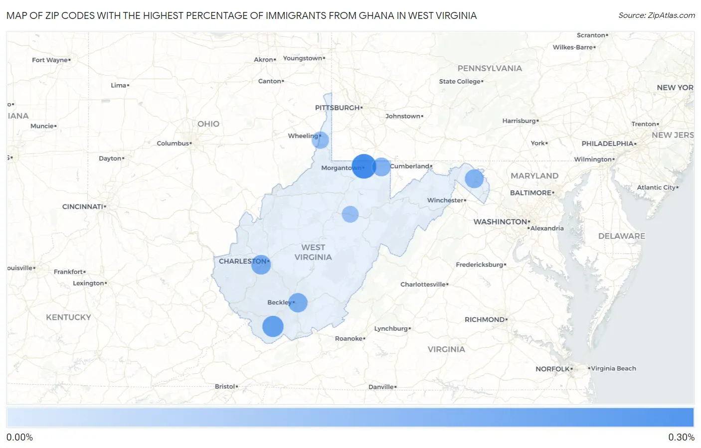 Zip Codes with the Highest Percentage of Immigrants from Ghana in West Virginia Map