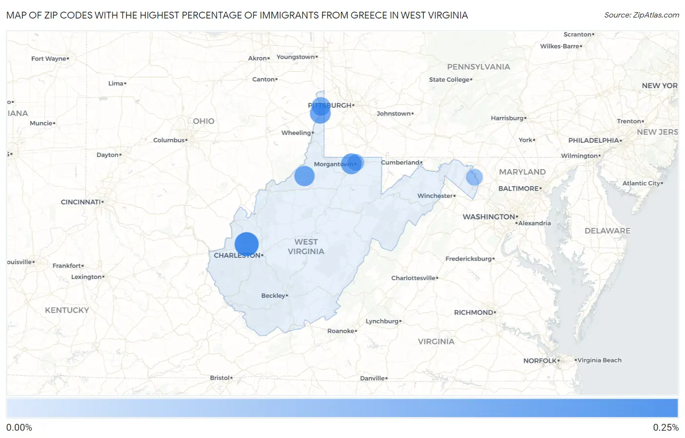 Zip Codes with the Highest Percentage of Immigrants from Greece in West Virginia Map