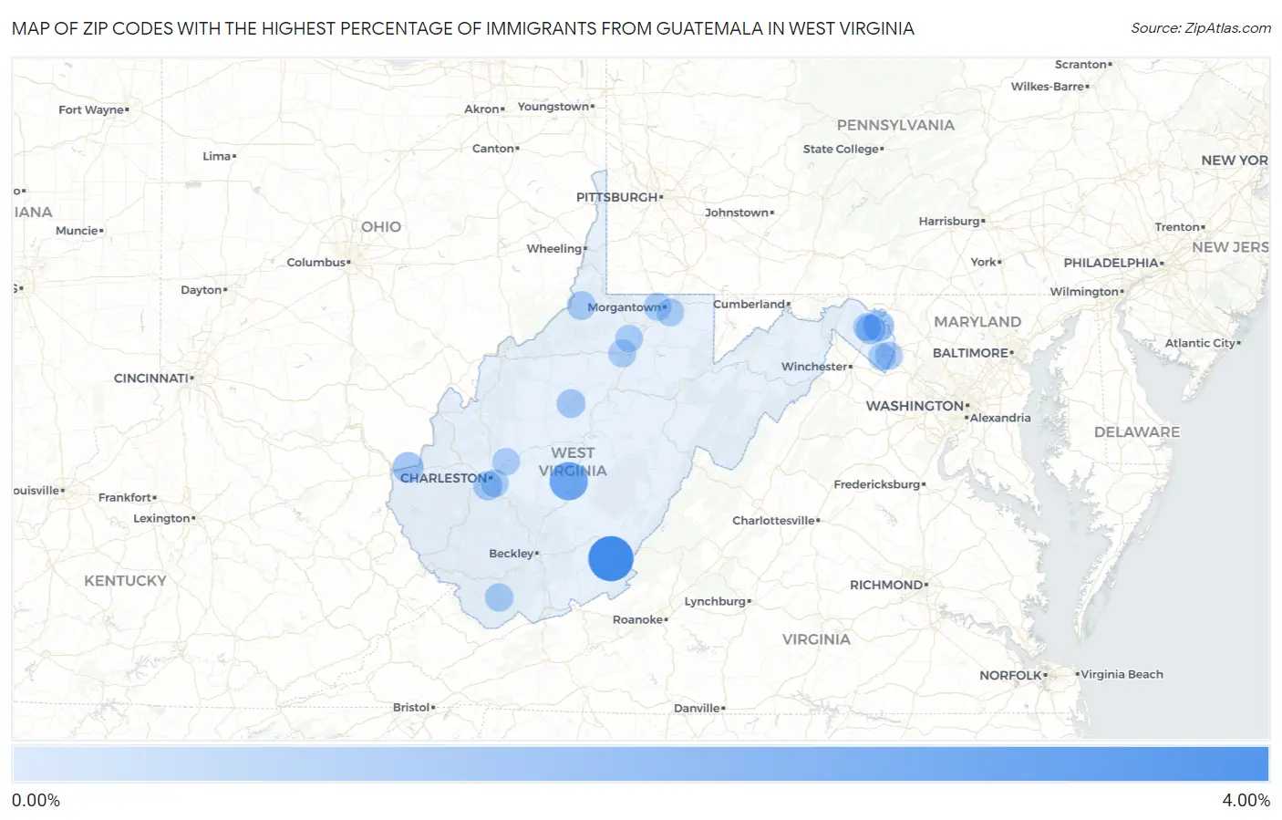 Zip Codes with the Highest Percentage of Immigrants from Guatemala in West Virginia Map