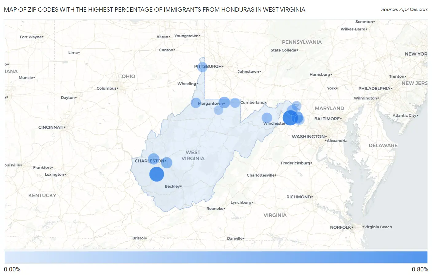 Zip Codes with the Highest Percentage of Immigrants from Honduras in West Virginia Map