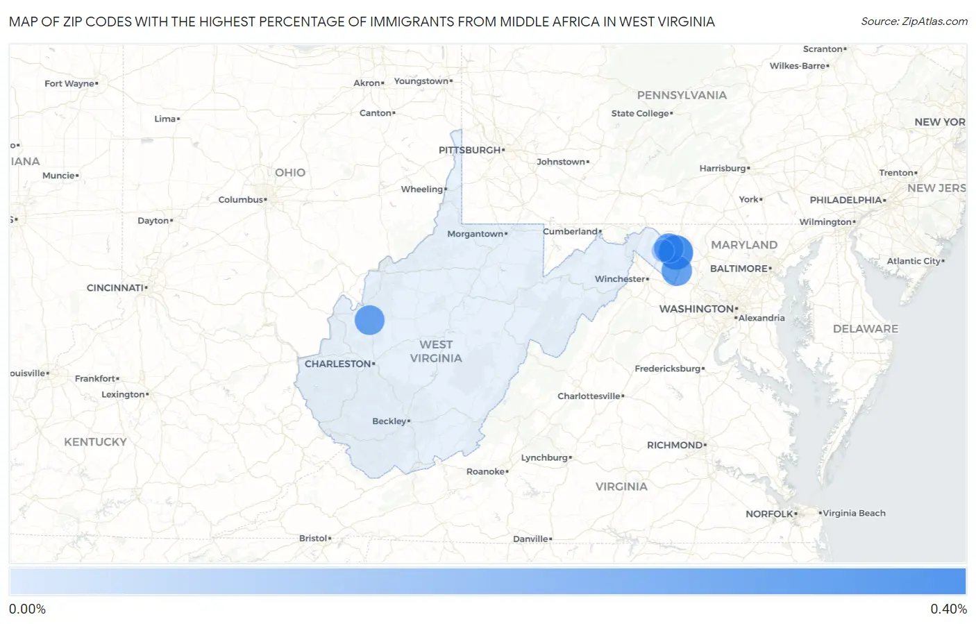 Zip Codes with the Highest Percentage of Immigrants from Middle Africa in West Virginia Map
