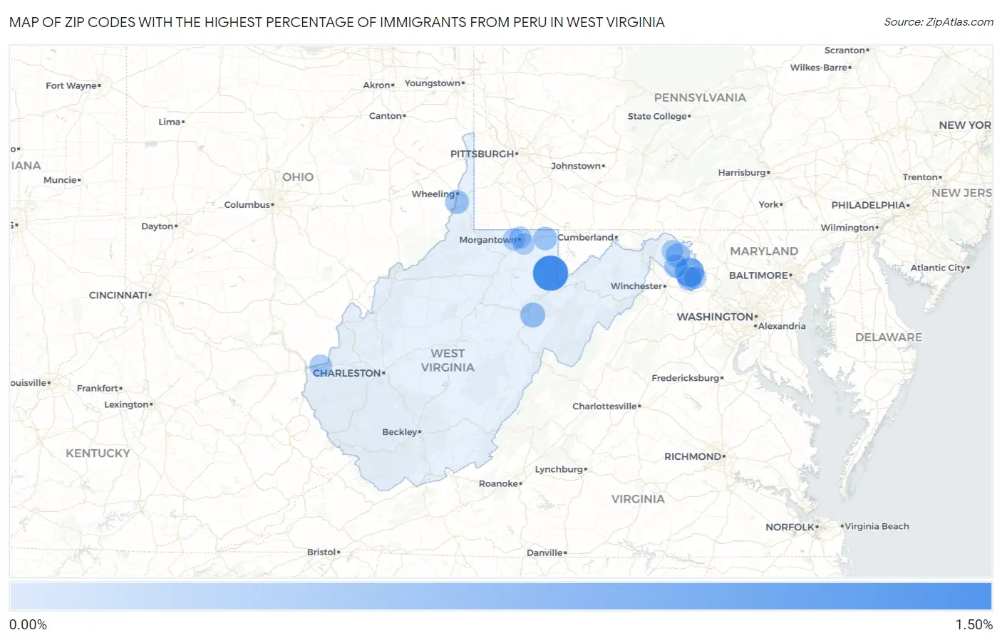 Zip Codes with the Highest Percentage of Immigrants from Peru in West Virginia Map