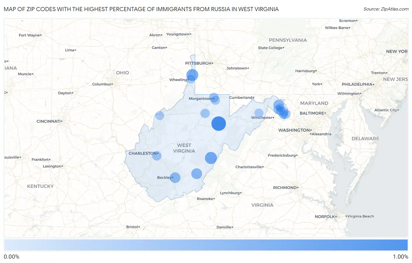 Zip Codes with the Highest Percentage of Immigrants from Russia in West Virginia Map