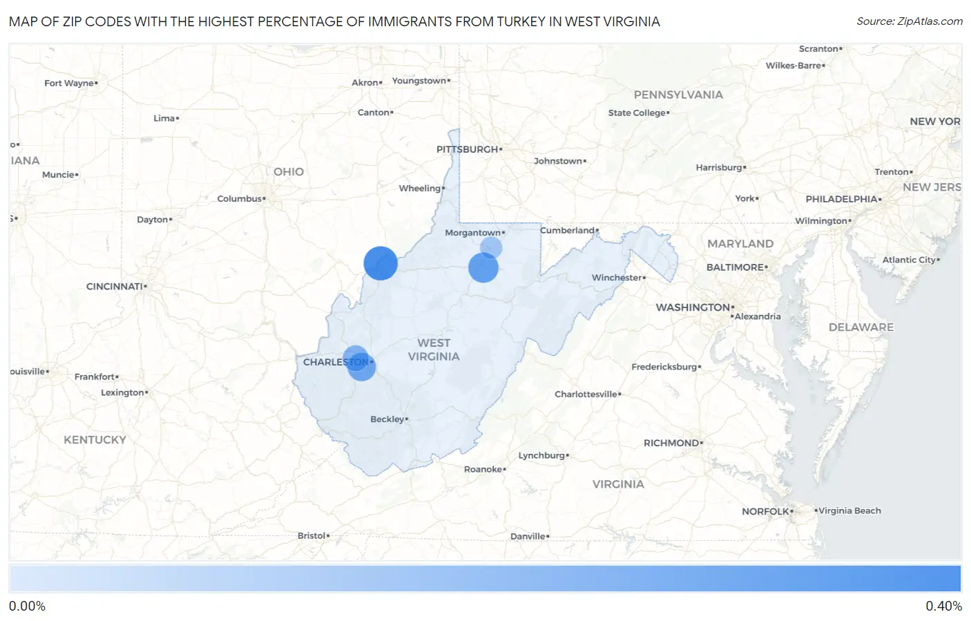 Zip Codes with the Highest Percentage of Immigrants from Turkey in West Virginia Map
