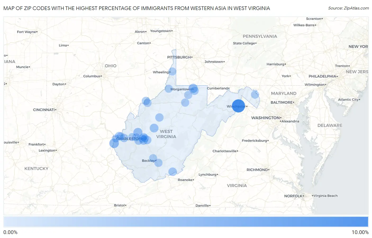 Zip Codes with the Highest Percentage of Immigrants from Western Asia in West Virginia Map