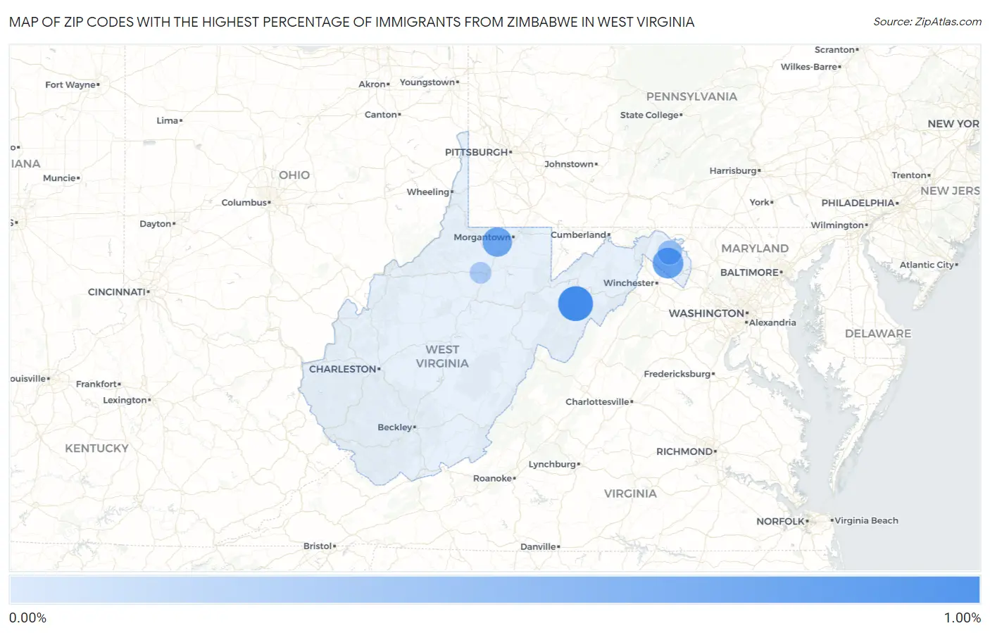 Zip Codes with the Highest Percentage of Immigrants from Zimbabwe in West Virginia Map