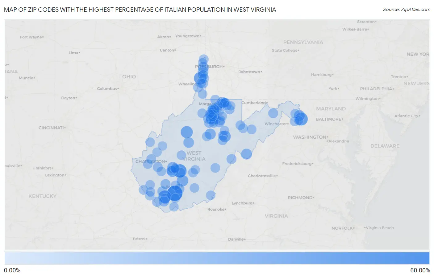 Zip Codes with the Highest Percentage of Italian Population in West Virginia Map