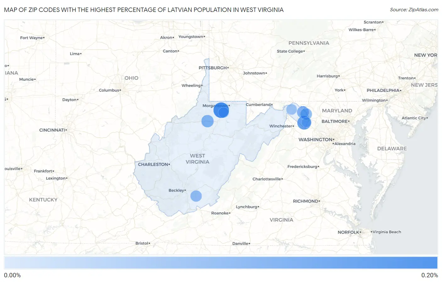 Zip Codes with the Highest Percentage of Latvian Population in West Virginia Map