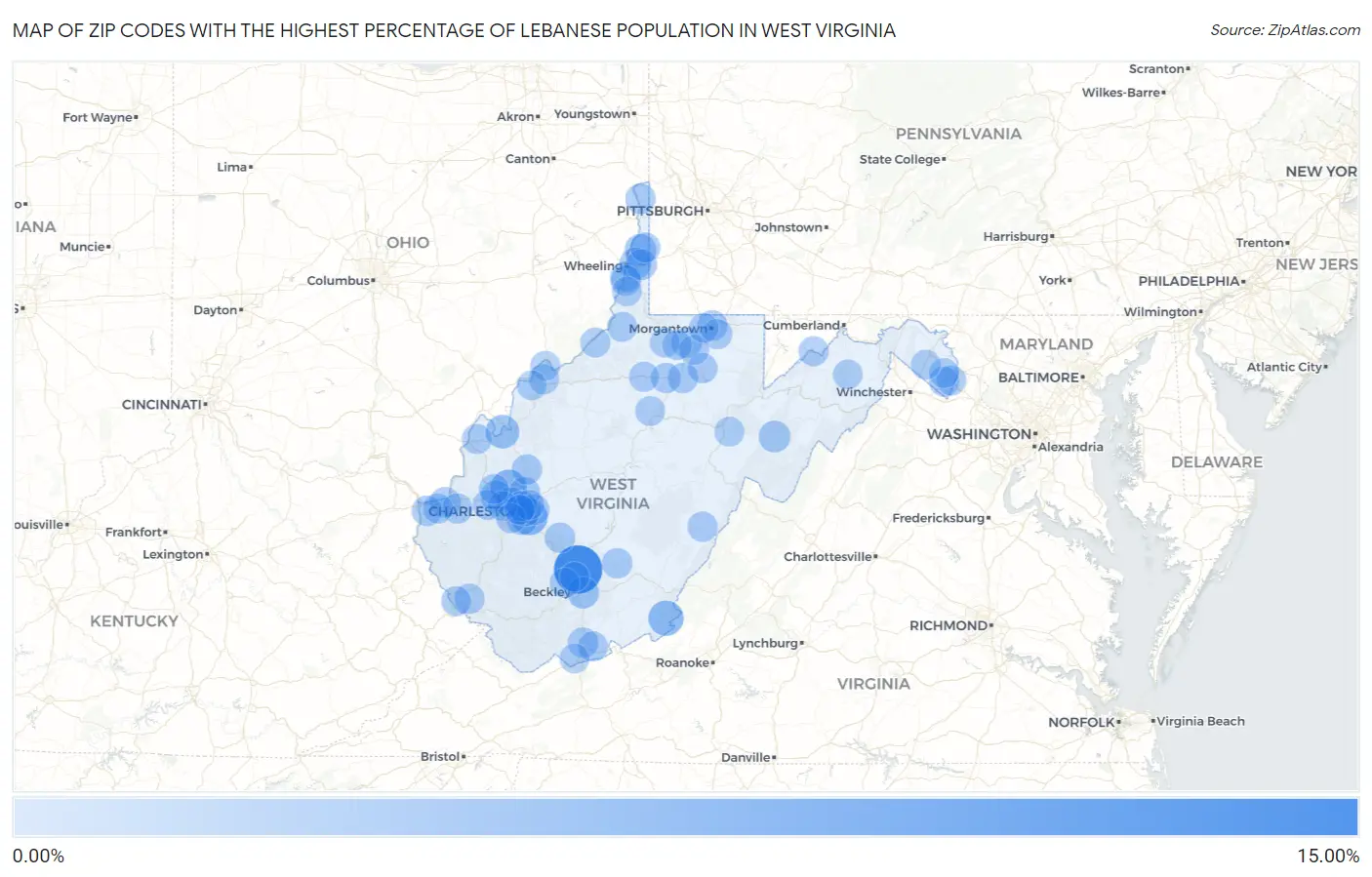 Zip Codes with the Highest Percentage of Lebanese Population in West Virginia Map