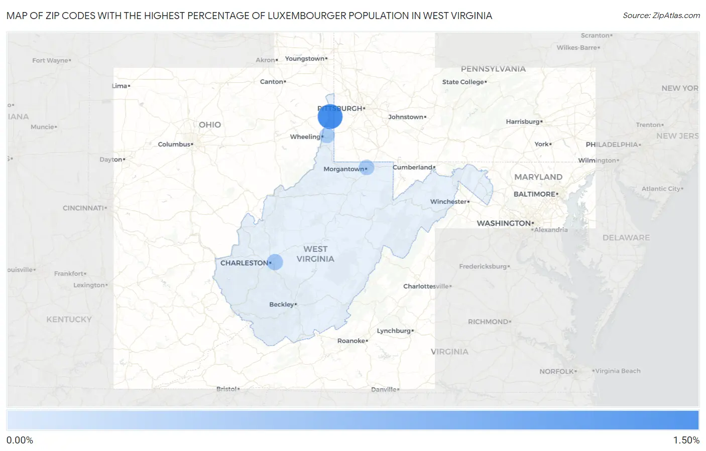 Zip Codes with the Highest Percentage of Luxembourger Population in West Virginia Map