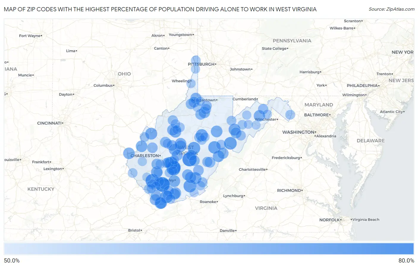 Zip Codes with the Highest Percentage of Population Driving Alone to Work in West Virginia Map