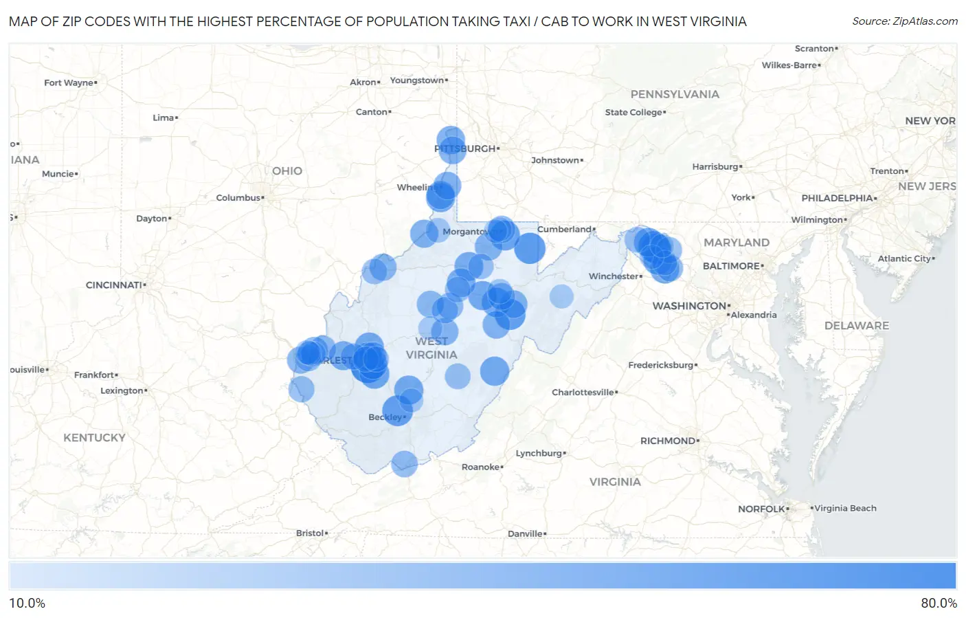 Zip Codes with the Highest Percentage of Population Taking Taxi / Cab to Work in West Virginia Map