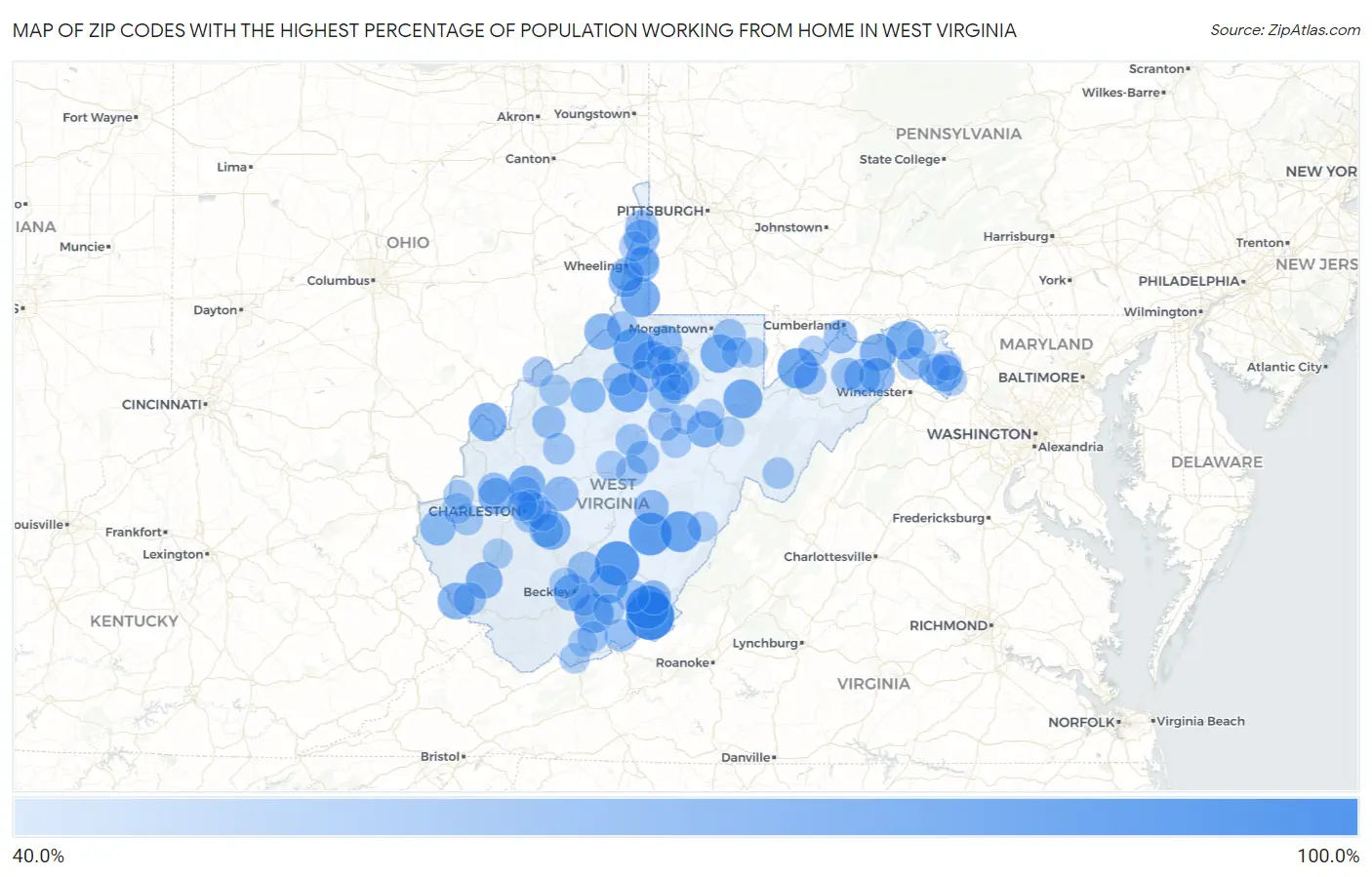 Zip Codes with the Highest Percentage of Population Working from Home in West Virginia Map