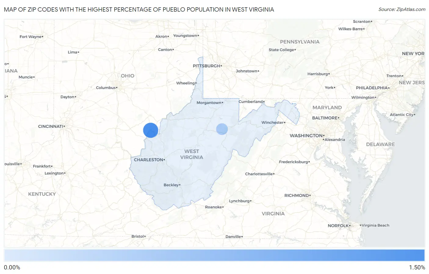 Zip Codes with the Highest Percentage of Pueblo Population in West Virginia Map