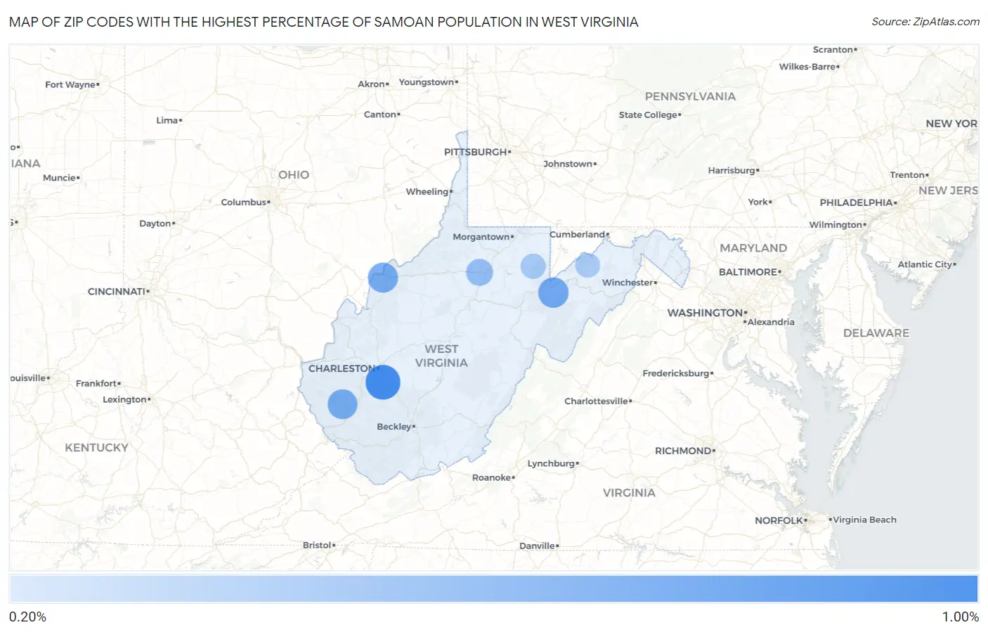 Zip Codes with the Highest Percentage of Samoan Population in West Virginia Map