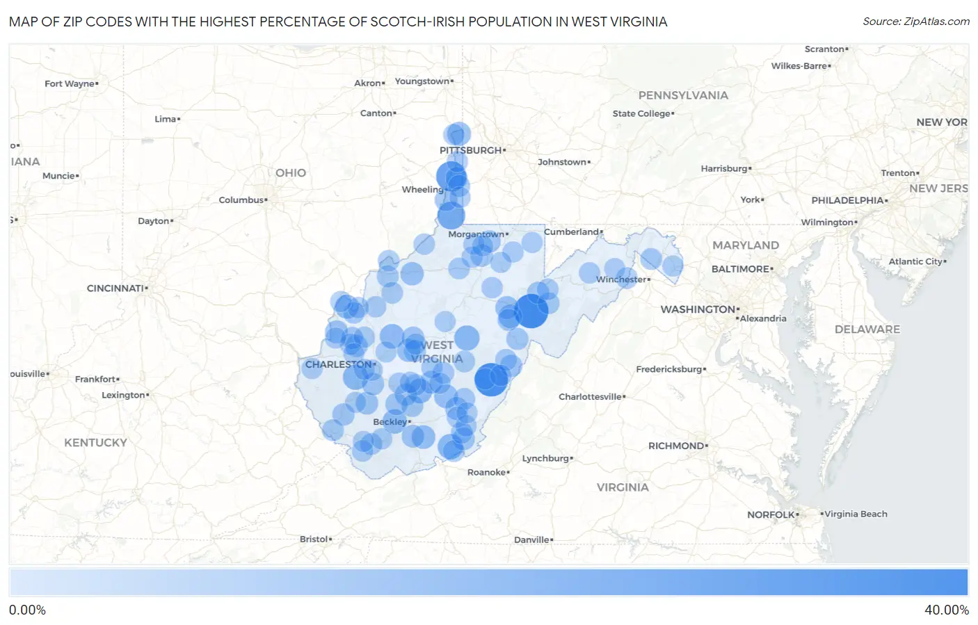 Zip Codes with the Highest Percentage of Scotch-Irish Population in West Virginia Map