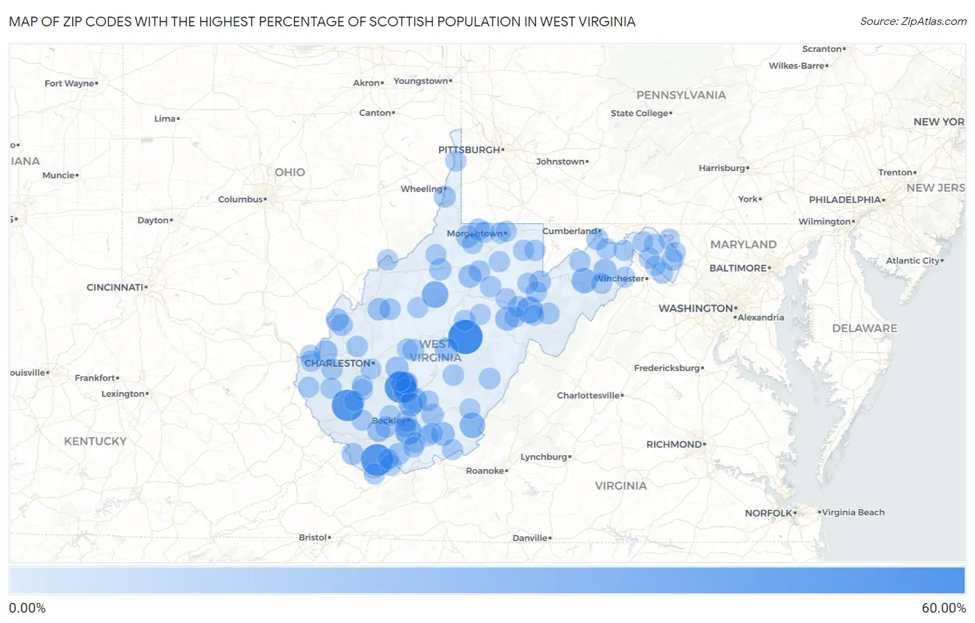 Zip Codes with the Highest Percentage of Scottish Population in West Virginia Map