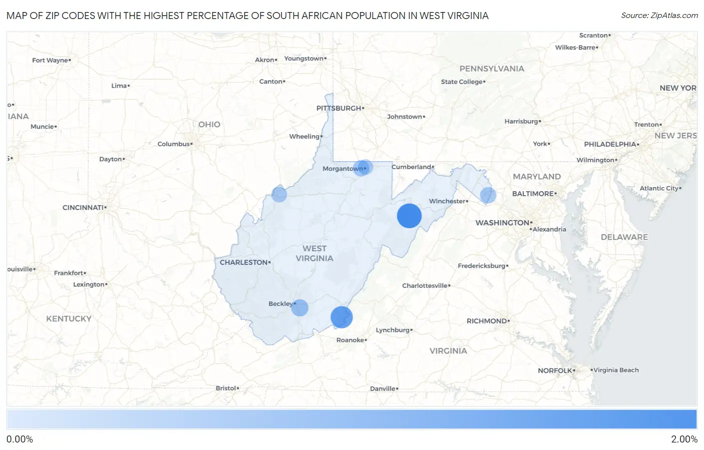 Zip Codes with the Highest Percentage of South African Population in West Virginia Map