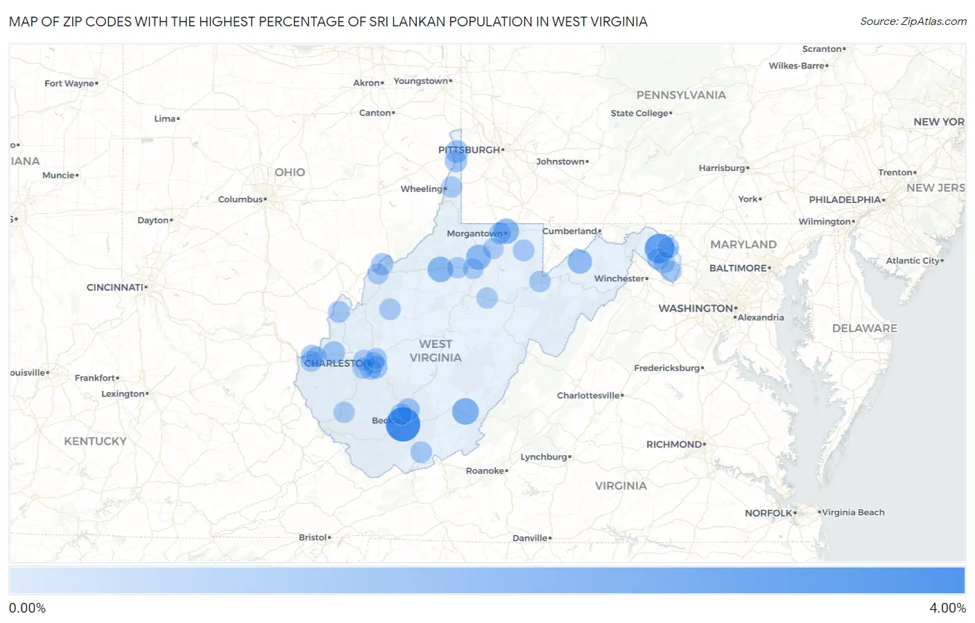 Zip Codes with the Highest Percentage of Sri Lankan Population in West Virginia Map