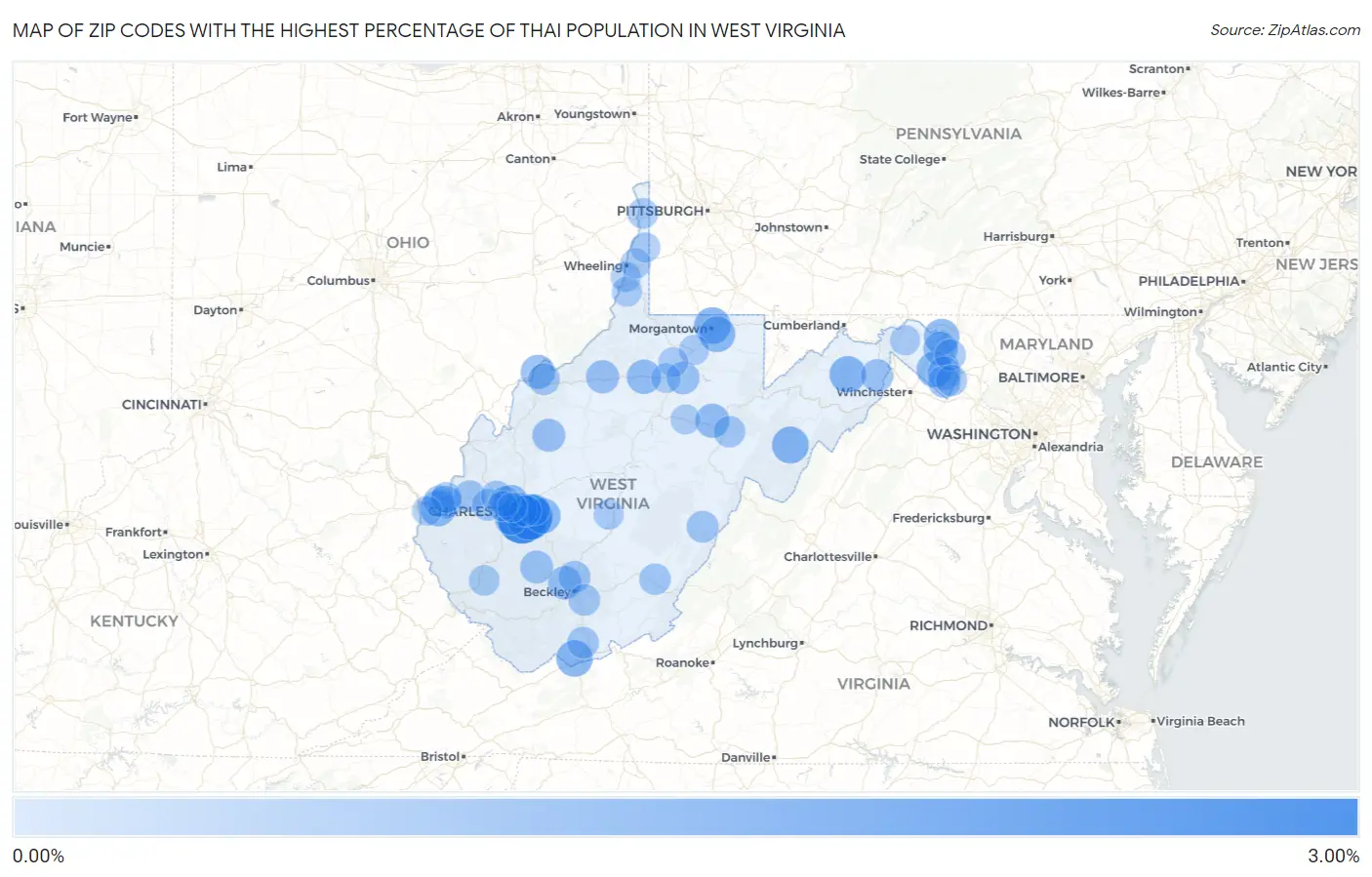 Zip Codes with the Highest Percentage of Thai Population in West Virginia Map