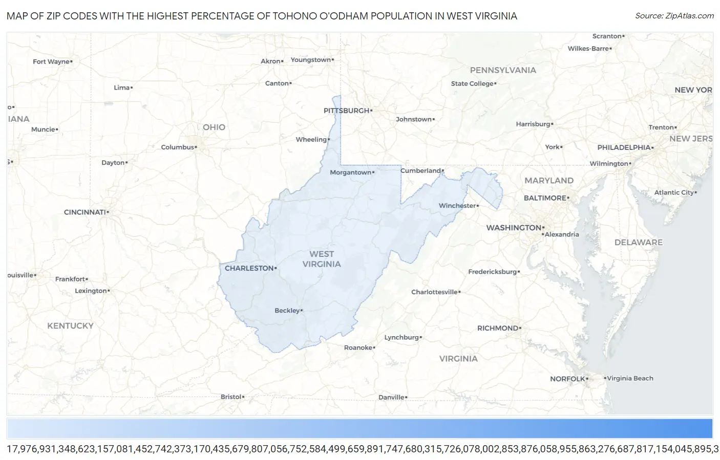 Zip Codes with the Highest Percentage of Tohono O'Odham Population in West Virginia Map