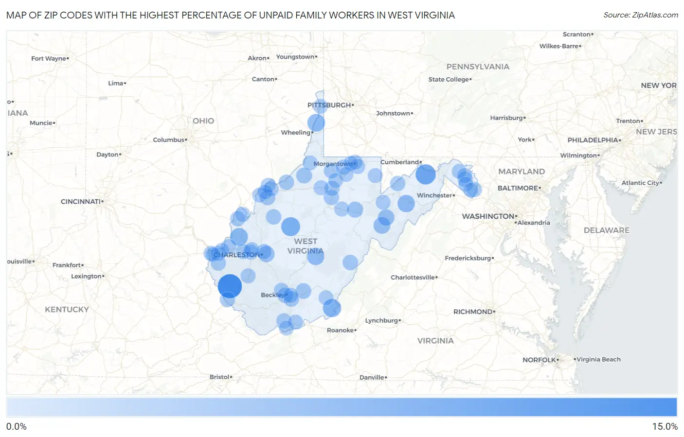 Zip Codes with the Highest Percentage of Unpaid Family Workers in West Virginia Map