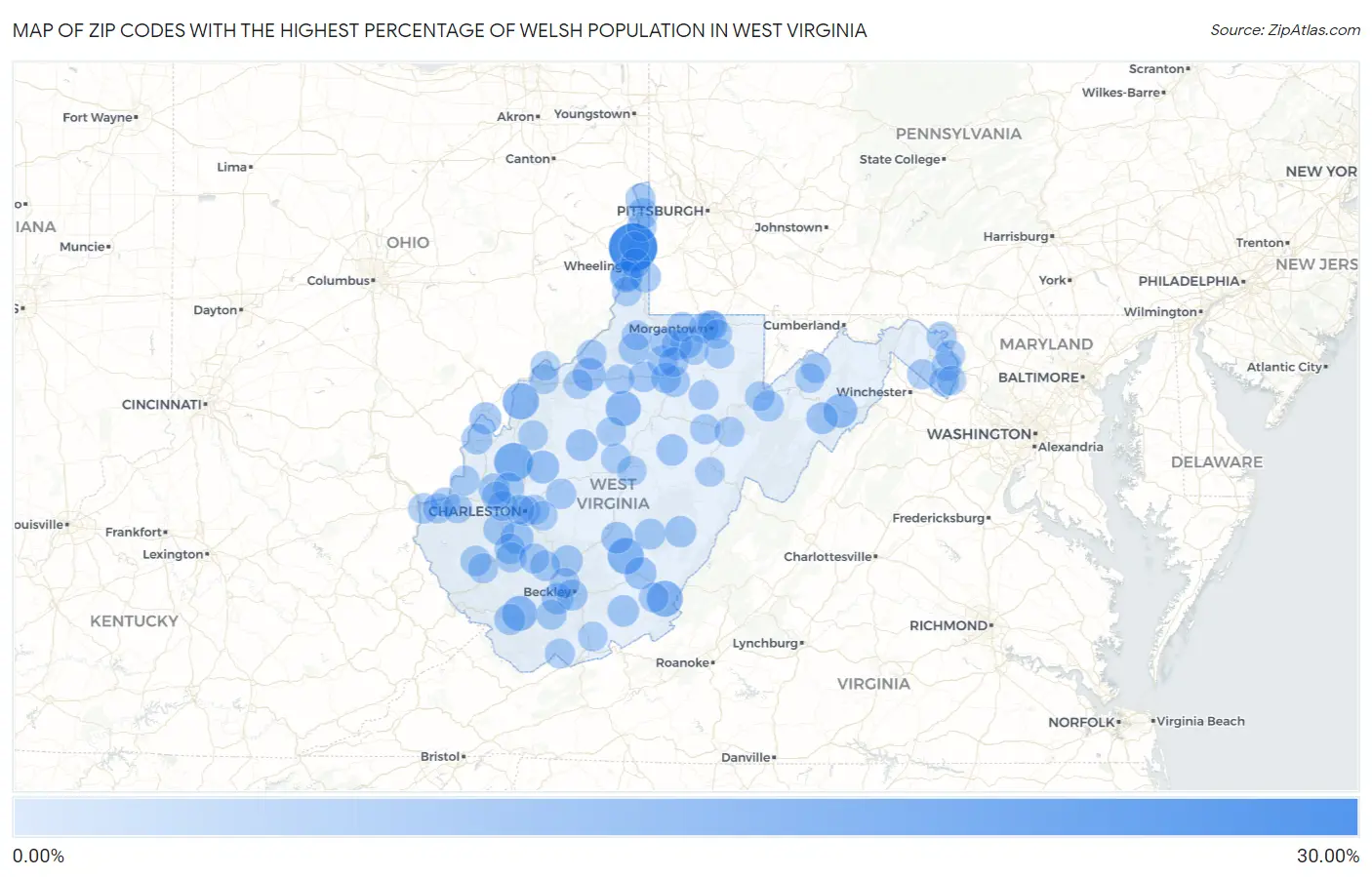 Zip Codes with the Highest Percentage of Welsh Population in West Virginia Map