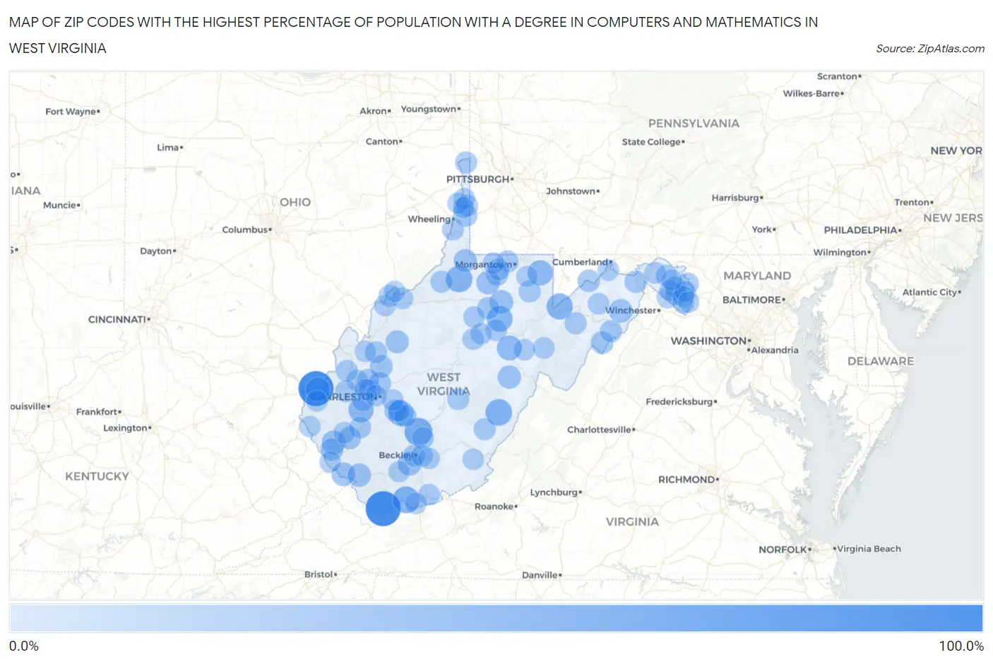 Zip Codes with the Highest Percentage of Population with a Degree in Computers and Mathematics in West Virginia Map