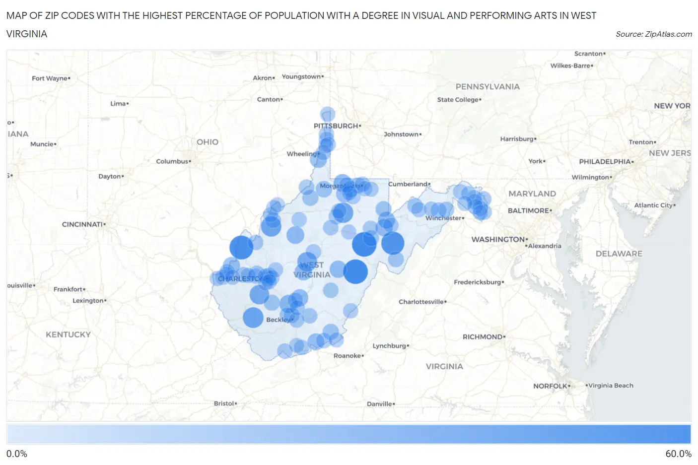 Zip Codes with the Highest Percentage of Population with a Degree in Visual and Performing Arts in West Virginia Map