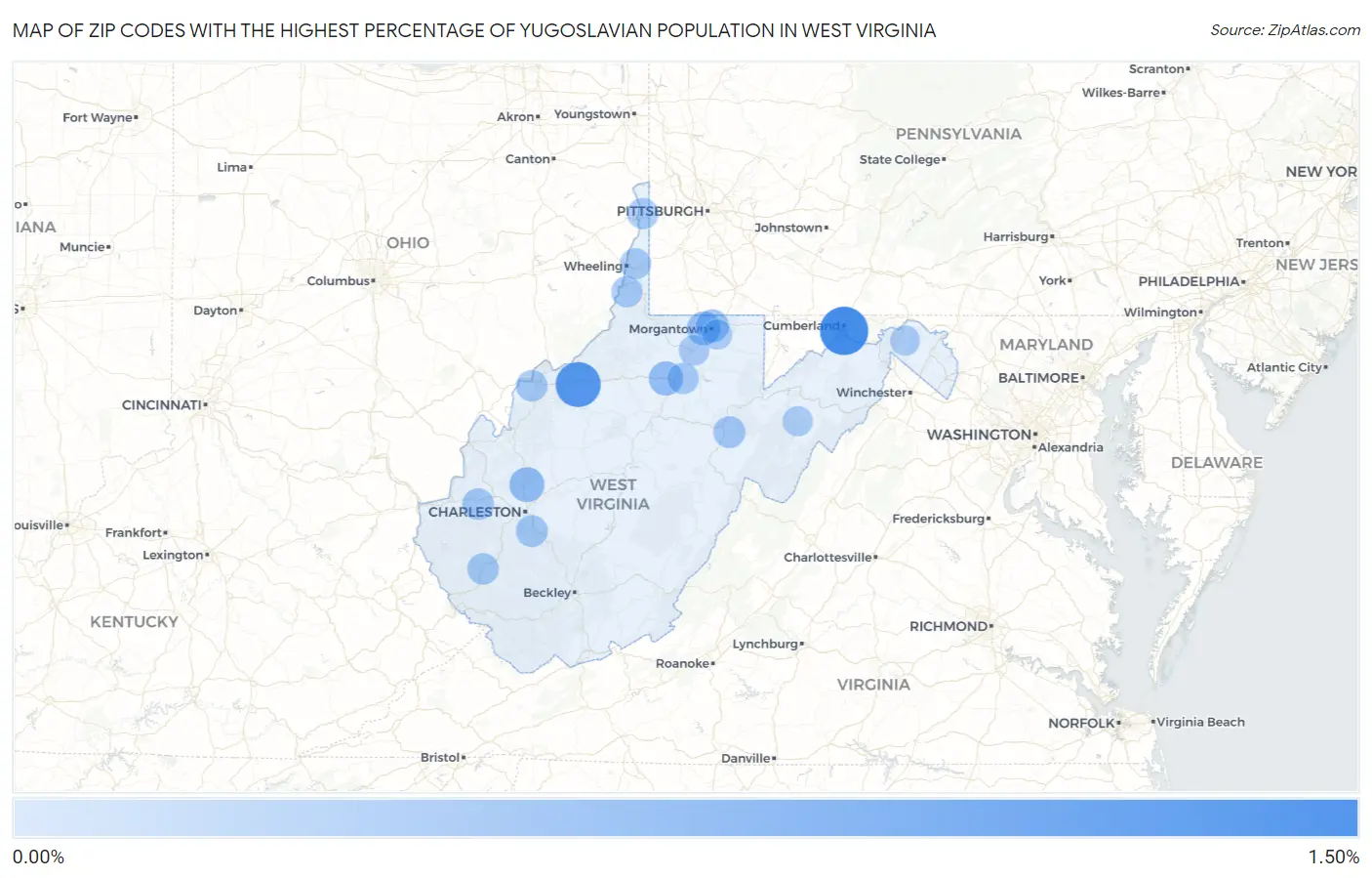 Zip Codes with the Highest Percentage of Yugoslavian Population in West Virginia Map