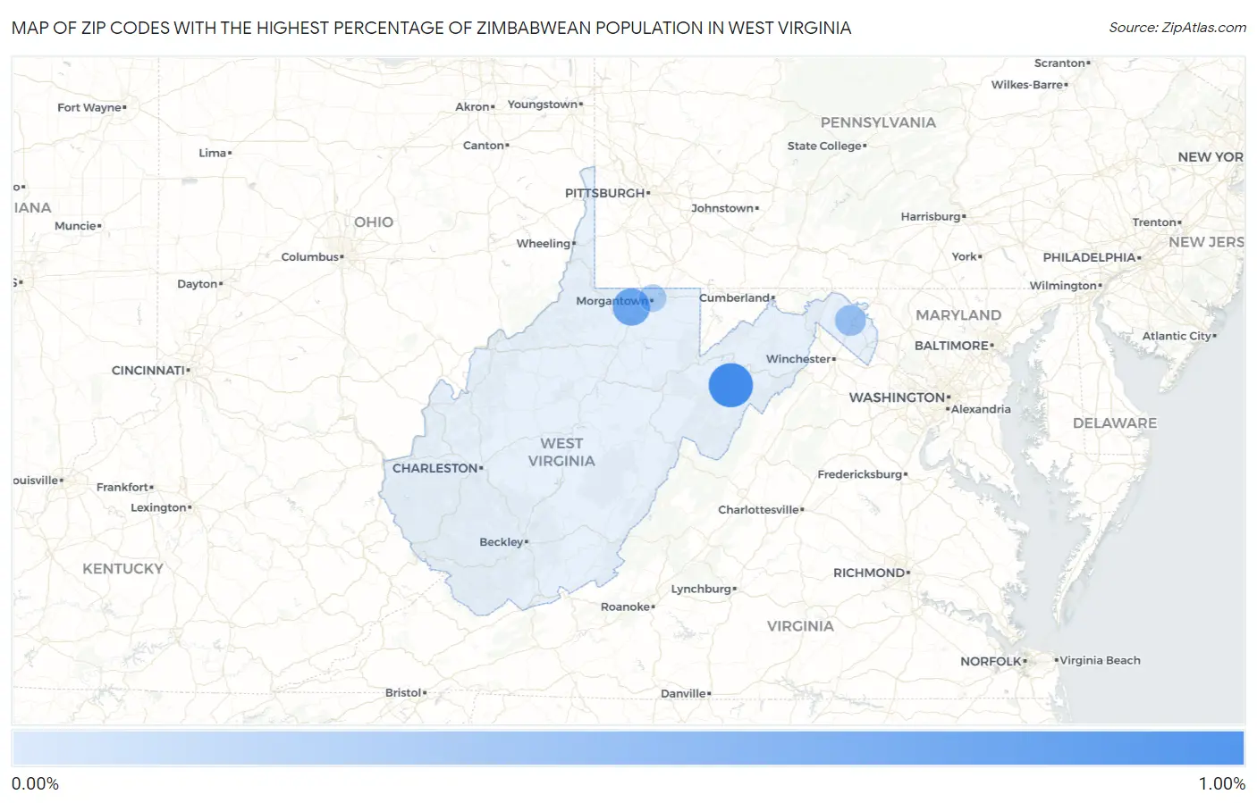Zip Codes with the Highest Percentage of Zimbabwean Population in West Virginia Map
