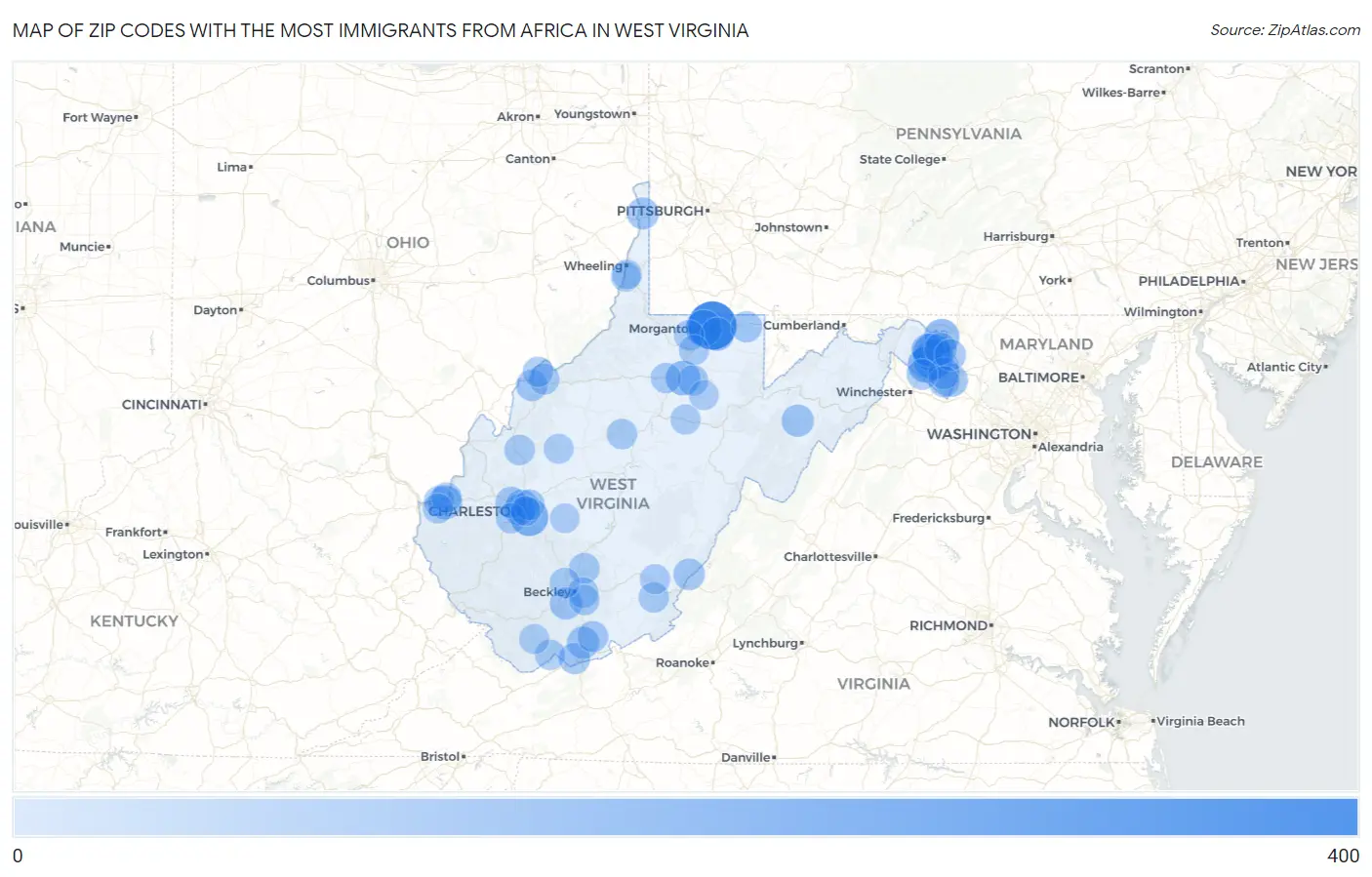 Zip Codes with the Most Immigrants from Africa in West Virginia Map