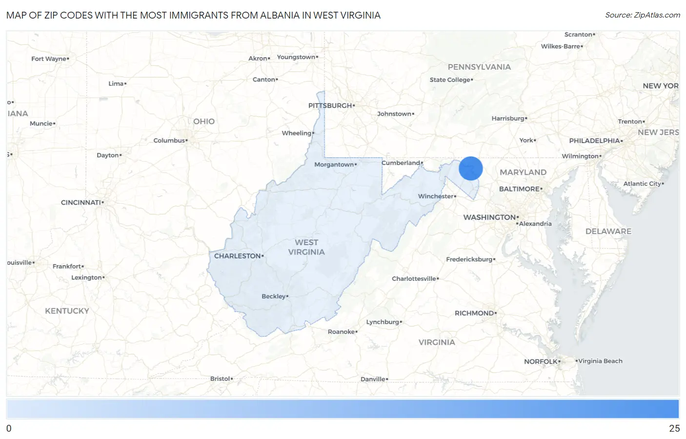 Zip Codes with the Most Immigrants from Albania in West Virginia Map