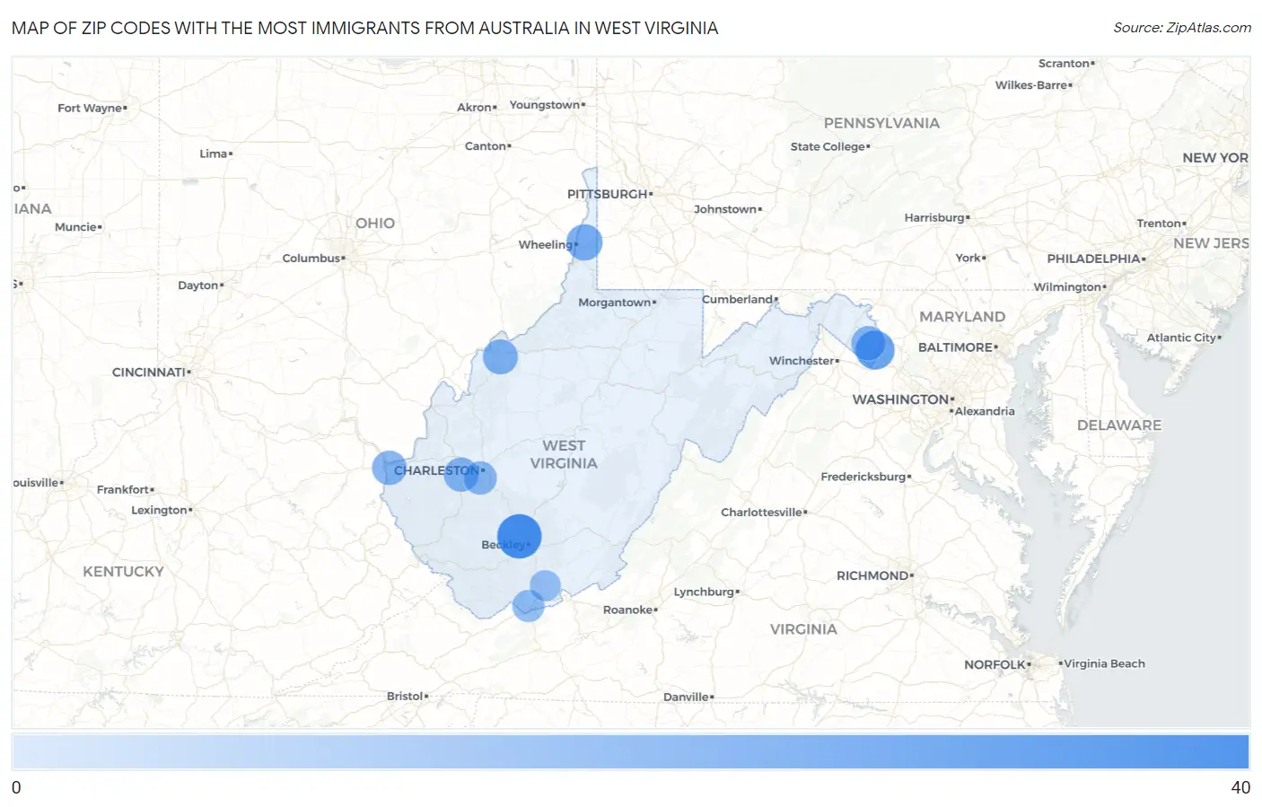 Zip Codes with the Most Immigrants from Australia in West Virginia Map