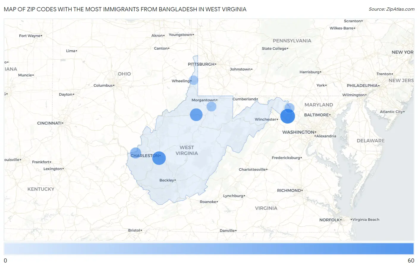 Zip Codes with the Most Immigrants from Bangladesh in West Virginia Map
