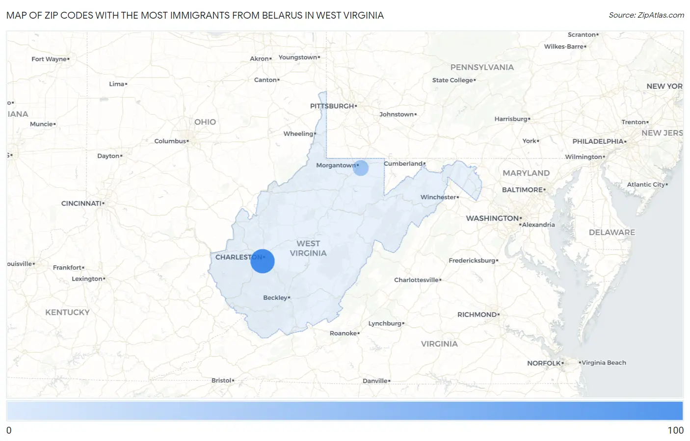 Zip Codes with the Most Immigrants from Belarus in West Virginia Map