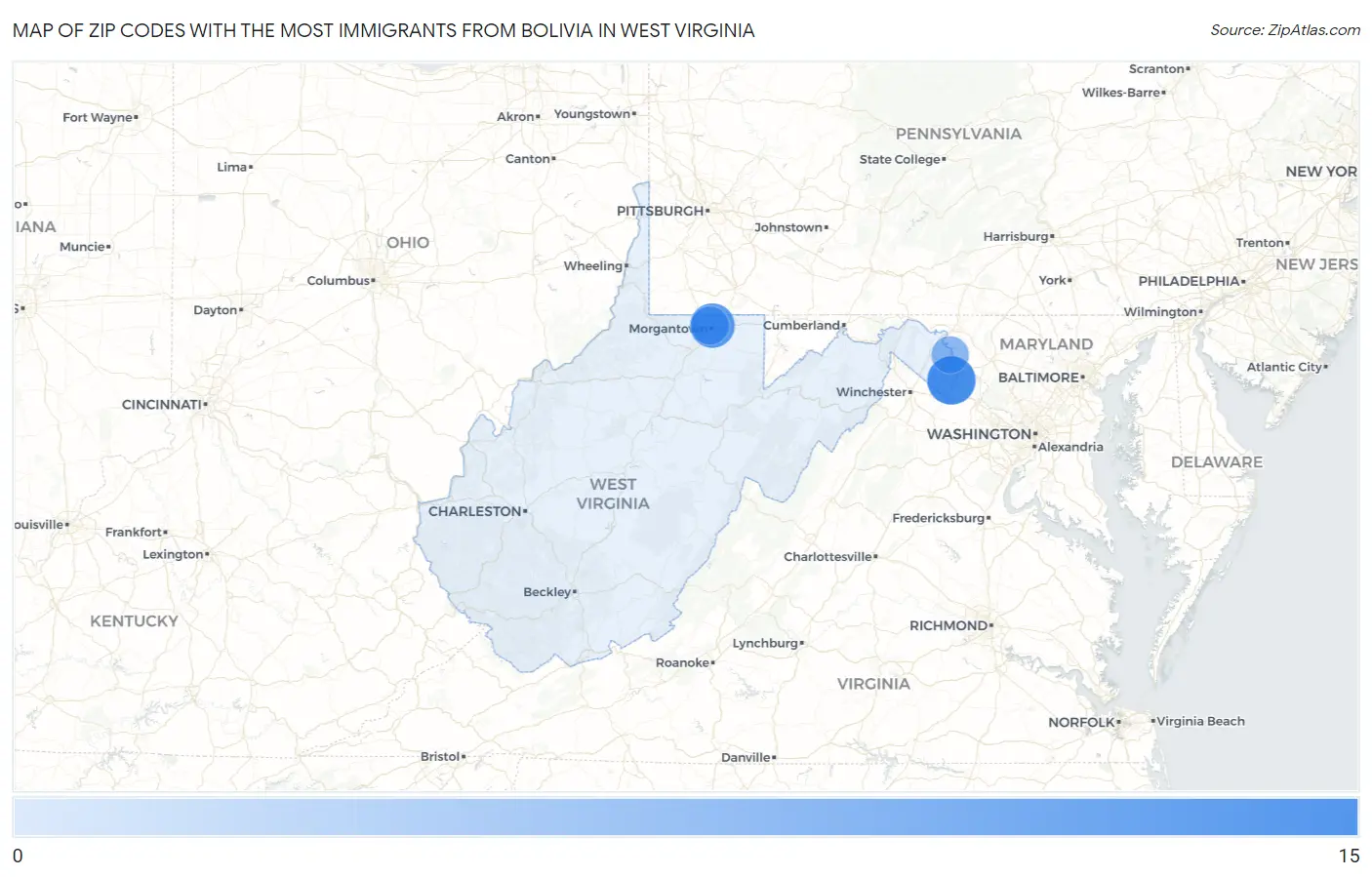 Zip Codes with the Most Immigrants from Bolivia in West Virginia Map