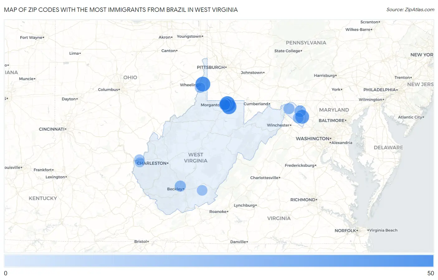 Zip Codes with the Most Immigrants from Brazil in West Virginia Map