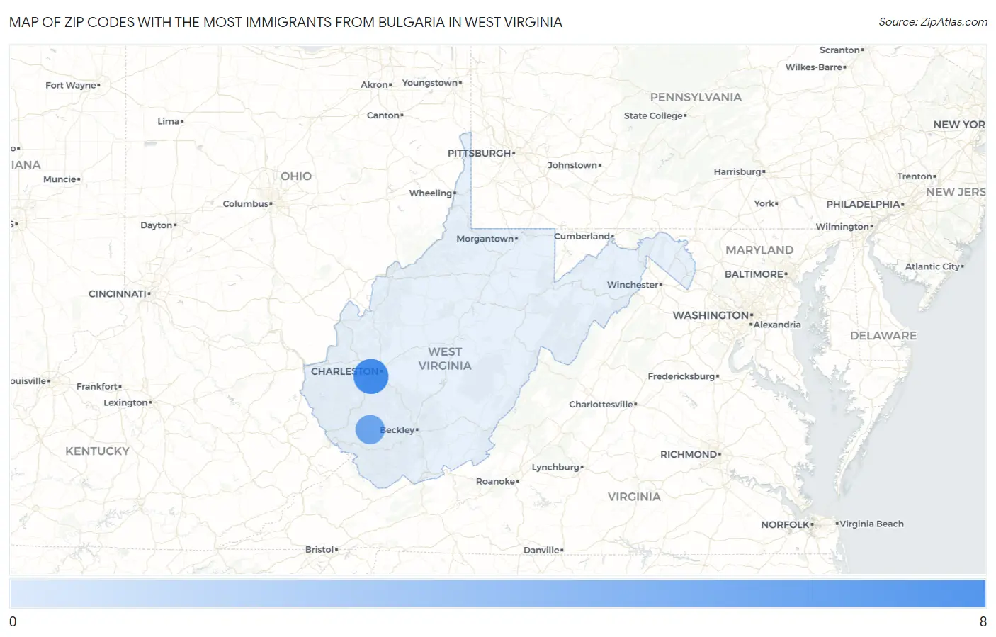 Zip Codes with the Most Immigrants from Bulgaria in West Virginia Map