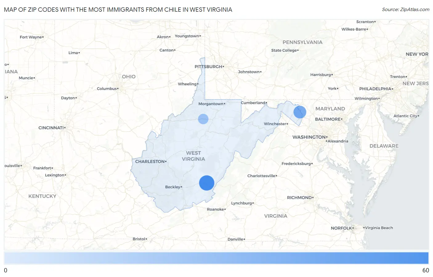 Zip Codes with the Most Immigrants from Chile in West Virginia Map