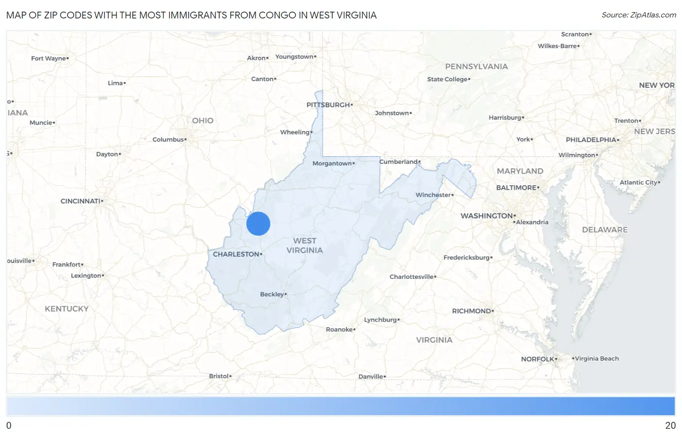 Zip Codes with the Most Immigrants from Congo in West Virginia Map
