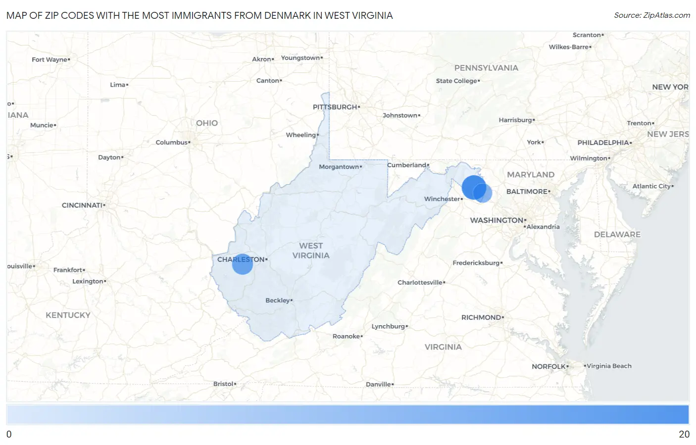 Zip Codes with the Most Immigrants from Denmark in West Virginia Map